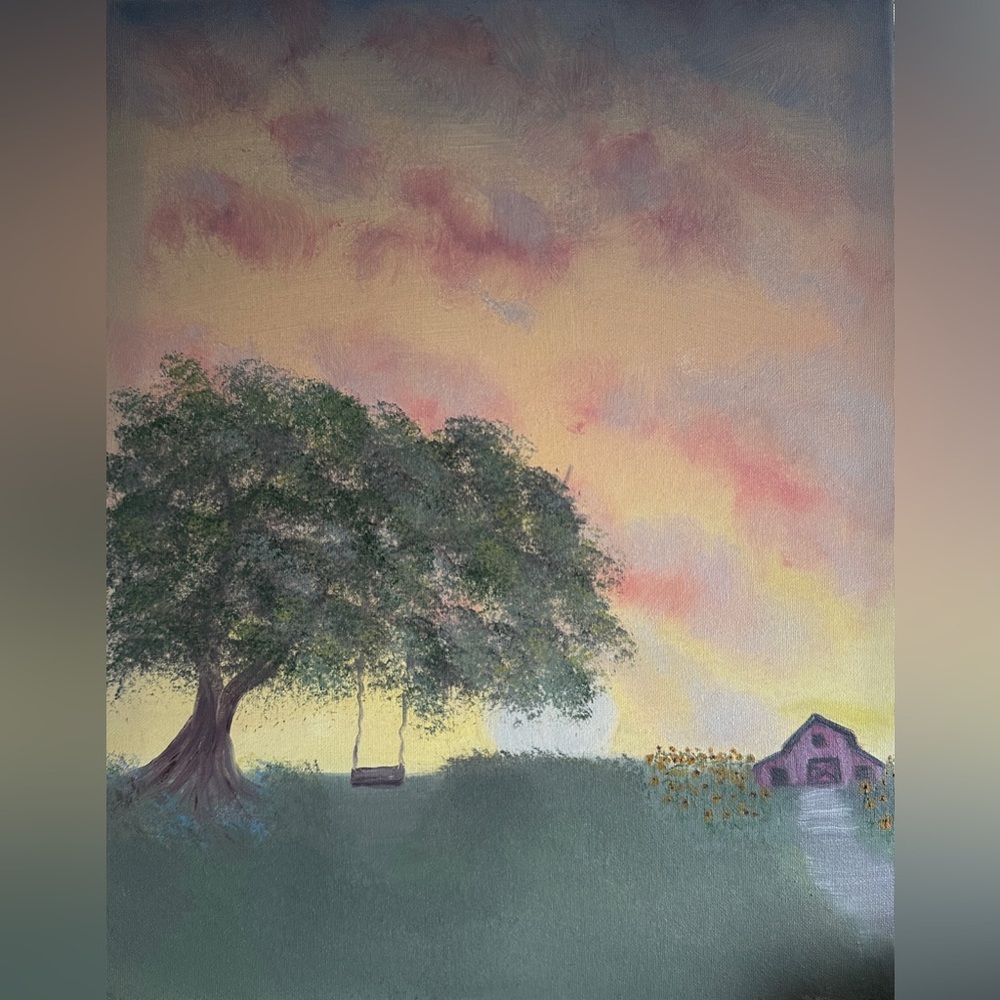 Tranquil Sunset Landscape Canvas Painting with Tree and Barn